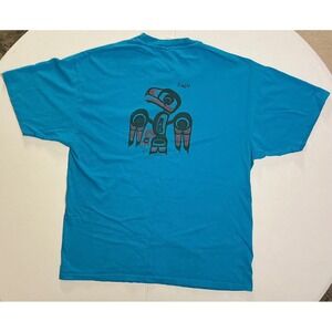 VTG Y2K Tribal Aztec Southwest Indigenous Eagle Wolf Pocket Tee Blue Mens XL